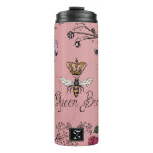 Roze Bloemen Koningin bij & Gouden Kroon Monogram Thermosbeker (Voorkant)