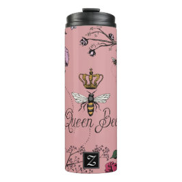 Roze Bloemen Koningin bij & Gouden Kroon Monogram Thermosbeker