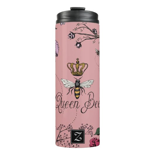 Roze Bloemen Koningin bij & Gouden Kroon Monogram Thermosbeker (Voorkant)