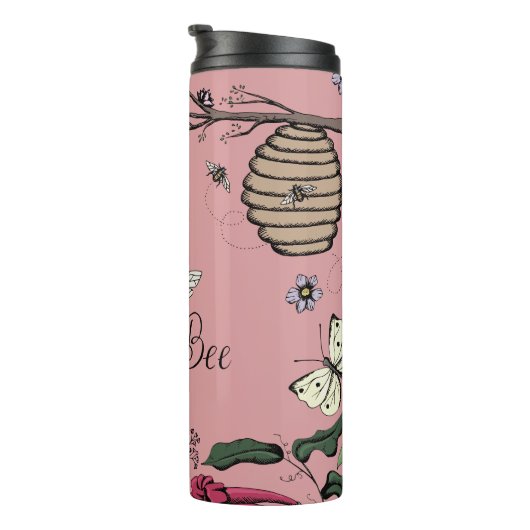 Roze Bloemen Koningin bij & Gouden Kroon Monogram Thermosbeker (Geroteerd rechts)