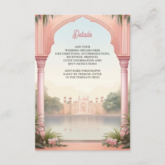 Roze Bloemen Koninklijk Indiaas Paleis Bruiloft Informatiekaartje (Voorkant)