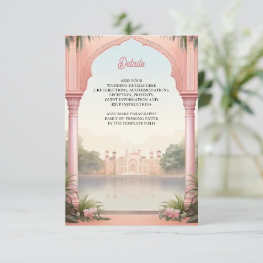 Roze Bloemen Koninklijk Indiaas Paleis Bruiloft Informatiekaartje (Staand voorkant)