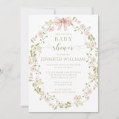 Roze Bloemen Krans Bow Baby Meisje Douche Kaart (Voorkant)
