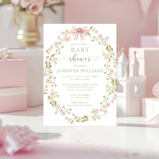 Roze Bloemen Krans Bow Baby Meisje Douche Kaart