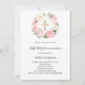 Roze bloemen krans kruis meisje Eerste Communie Kaart (Voorkant)