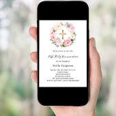 Roze bloemen krans kruis meisje Eerste Communie Kaart