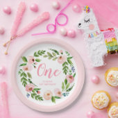 Roze Bloemen Krans Pioen 1e Verjaardagsfeest Papieren Bordje (Feest)
