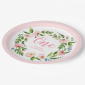 Roze Bloemen Krans Pioen 1e Verjaardagsfeest Papieren Bordje (Gekanteld)