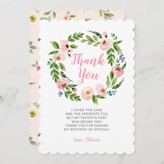 Roze Bloemen Krans Pioen Verjaardag Dank u Kaarten (Voorkant / Achterkant)