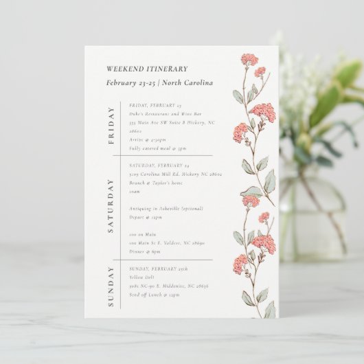 Roze Bloemen Krans Weekend Verjaardag Itinerarium Kaart (Staand voorkant)