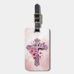 Roze Bloemen Kruis Bagage Label