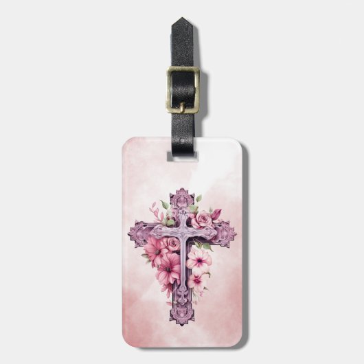 Roze Bloemen Kruis Bagage Label (Voorkant verticaal)