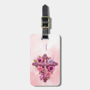 Roze Bloemen Kruis Bagage Label