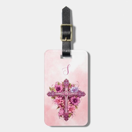Roze Bloemen Kruis Bagage Label (Voorkant verticaal)