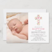 Roze Bloemen Kruis Doop Foto Uitnodiging (Voorkant)