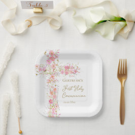roze bloemen kruis Eerste Heilige Communie Papieren Bordje
