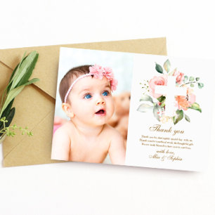 Roze bloemen Kruis & fotodoop Hartelijk dank Kaart