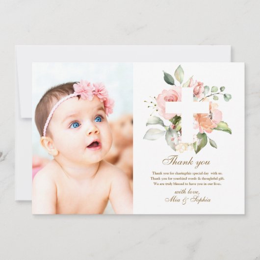 Roze bloemen Kruis & fotodoop Hartelijk dank Kaart (Voorkant)