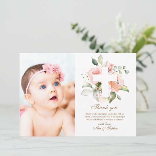 Roze bloemen Kruis & fotodoop Hartelijk dank Kaart (Staand voorkant)