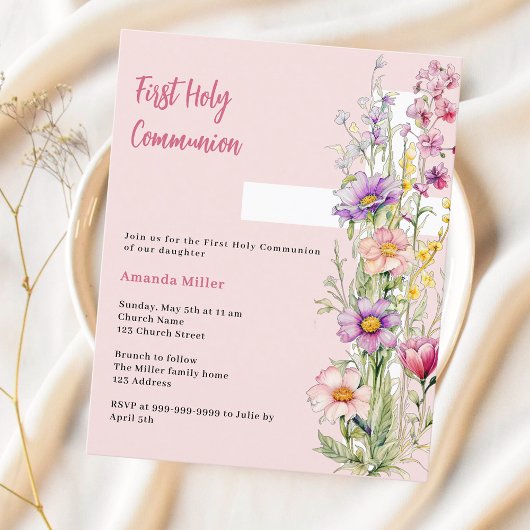Roze bloemen kruis meisje Eerste Communie uitnodig