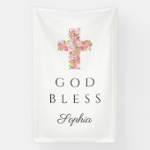 Roze Bloemen Kruis Religieuze God Zegen Spandoek (Verticaal)