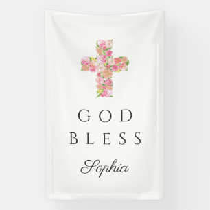 Roze Bloemen Kruis Religieuze God Zegen Spandoek