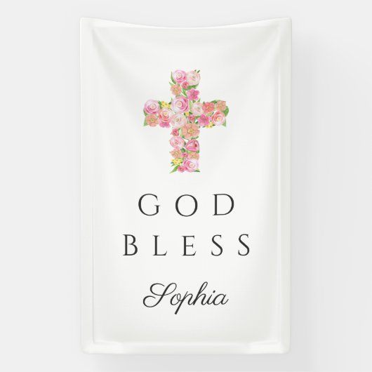 Roze Bloemen Kruis Religieuze God Zegen Spandoek (Verticaal)