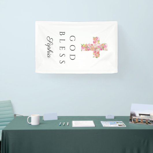 Roze Bloemen Kruis Religieuze God Zegen Spandoek (Beurs)
