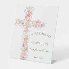 Roze bloemen kruis welkomstbord bevestiging reclamebord met voetstuk
