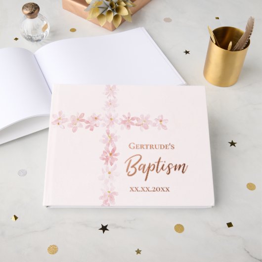 roze bloemen Kruisdoop Gastenboek (Voorkant open)