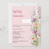 Roze bloemen kruisen meisje Eerste Communie Kaart (Voorkant)
