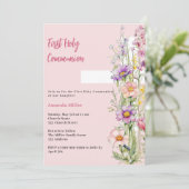 Roze bloemen kruisen meisje Eerste Communie Kaart (Staand voorkant)