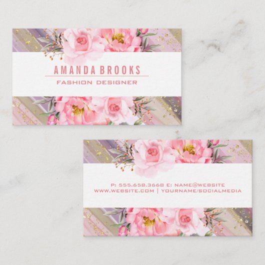 Roze bloemen | Kunstverf | Golfoliesoorten Visitekaartje (Voorkant / Achterkant)