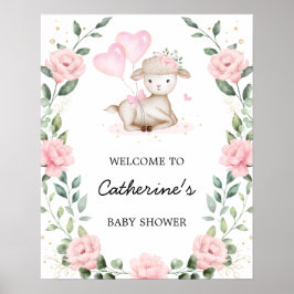 Roze Bloemen Lamb Paasmeisje Baby shower Welkom Poster