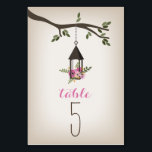 Roze Bloemen Lantaarn & Boom Trouwtafel Nummer Kaart<br><div class="desc">Een trouwtafel nummer plaats kaart met een illustratie van een lantaarn gevuld met roze bloemen opknoping van een boomtak met groene bladeren.</div>