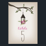 Roze Bloemen Lantaarn & Boom Trouwtafel Nummer Kaart<br><div class="desc">Een trouwtafel nummer plaats kaart met een illustratie van een lantaarn gevuld met roze bloemen opknoping van een boomtak met groene bladeren.</div>