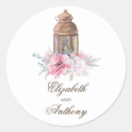 Roze Bloemen Lantaarn Elegante Huwelijk Ronde Sticker