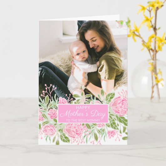 Roze bloemen laten een vrolijke Moederdag foto ach Kaart (Gele Bloem)