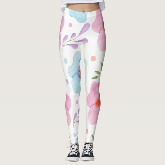 Roze Bloemen Leggings - Witte Hipster Yoga Broek (Voorkant)
