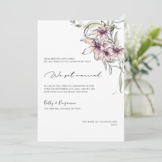 roze bloemen lelies Aankondigingskaart - fotokaart Aankondiging (Staand voorkant)