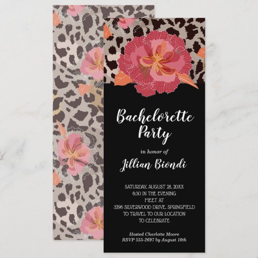 Roze Bloemen Leopard Print Bachelorette Party Kaart (Voorkant / Achterkant)