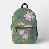 Roze Bloemen Lichtgroene Bladeren Stemen En Naam Bedrukte Rugzak (Voorkant)