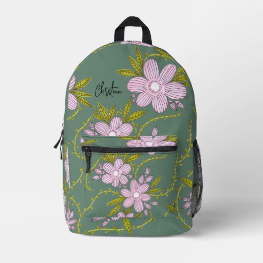 Roze Bloemen Lichtgroene Bladeren Stemen En Naam Bedrukte Rugzak (Voorkant)
