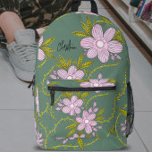 Roze Bloemen Lichtgroene Bladeren Stemen En Naam Bedrukte Rugzak
