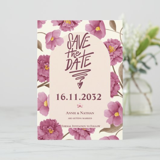 Roze Bloemen Lijst bruiloft Save the Date (Staand voorkant)