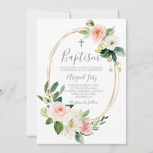 Roze Bloemen Lijst Doop Kaart (Voorkant)