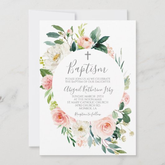 Roze Bloemen Lijst Doop Kaart (Voorkant)