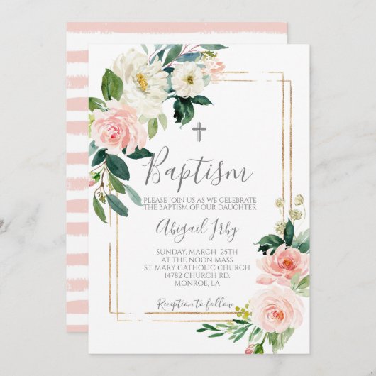 Roze Bloemen Lijst Doop Kaart (Voorkant / Achterkant)