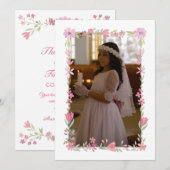 Roze Bloemen Lijst Eerste Communie Bedankkaart Kaart (Voorkant / Achterkant)