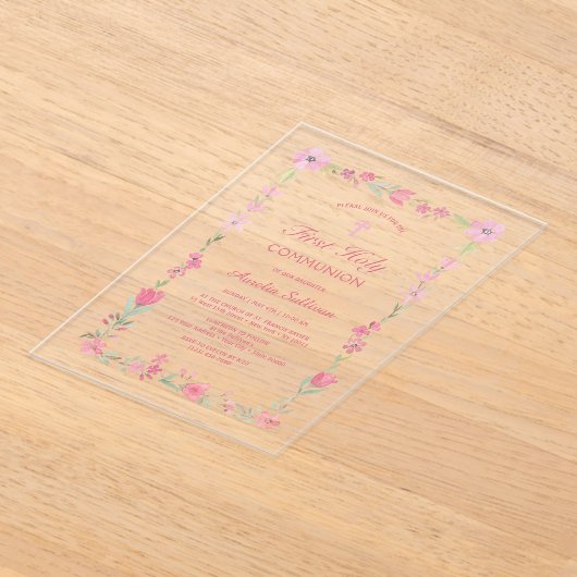 Roze Bloemen Lijst Eerste Communie Clear Acryl Uitnodigingen (Laagn)